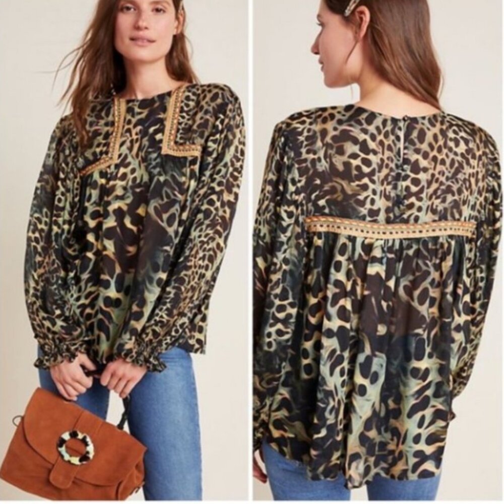 Anthropologie‎ Bl-nk London Joelle Leopard Boho Blouse Small